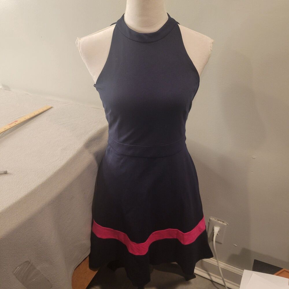 Eliza J Navy Blue Pink Stripe Sleeveless Fit Flare Short Dress Size 4